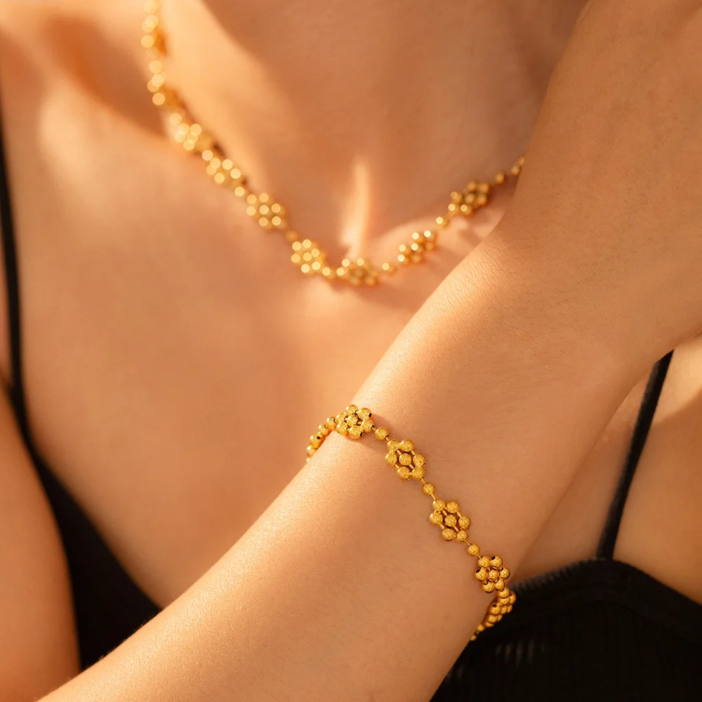 꽃 체인 비즈 목걸이 팔찌 세트, 금도금, 화려한 심플 디자인, 구리 OL 패션 주얼리 선물 도매