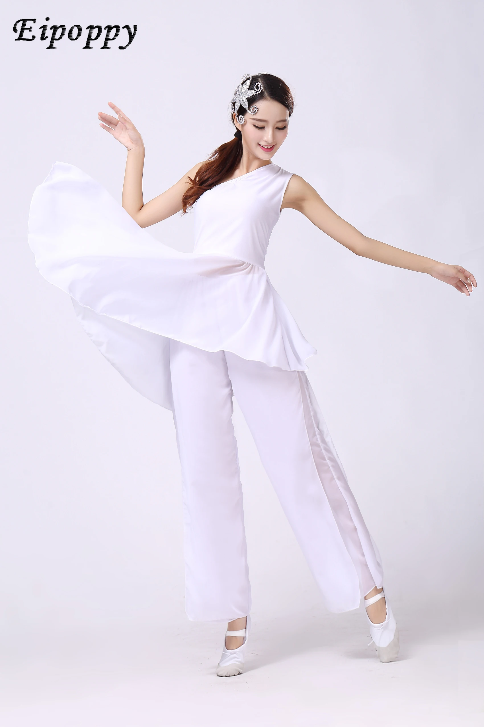 Vestido de traje de actuación, vestido de baile moderno, elementos Han, hombros descubiertos, blanco, elegante