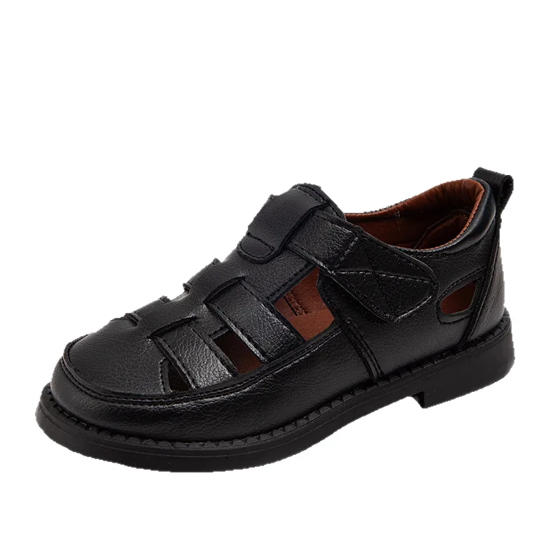 2026 Summer New Anti-Slip Black Leather Sandals Boys Casual Breathable Soft Sole Sandal Two Colors