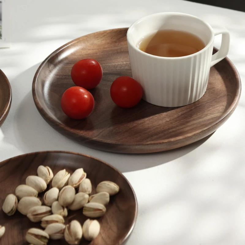 Solid Wood Tea Tray Japanese Walnut Dry Bubble Plate Round Type Plate Meal Wooden Tableware Household Snacks Dry Fruit Plate