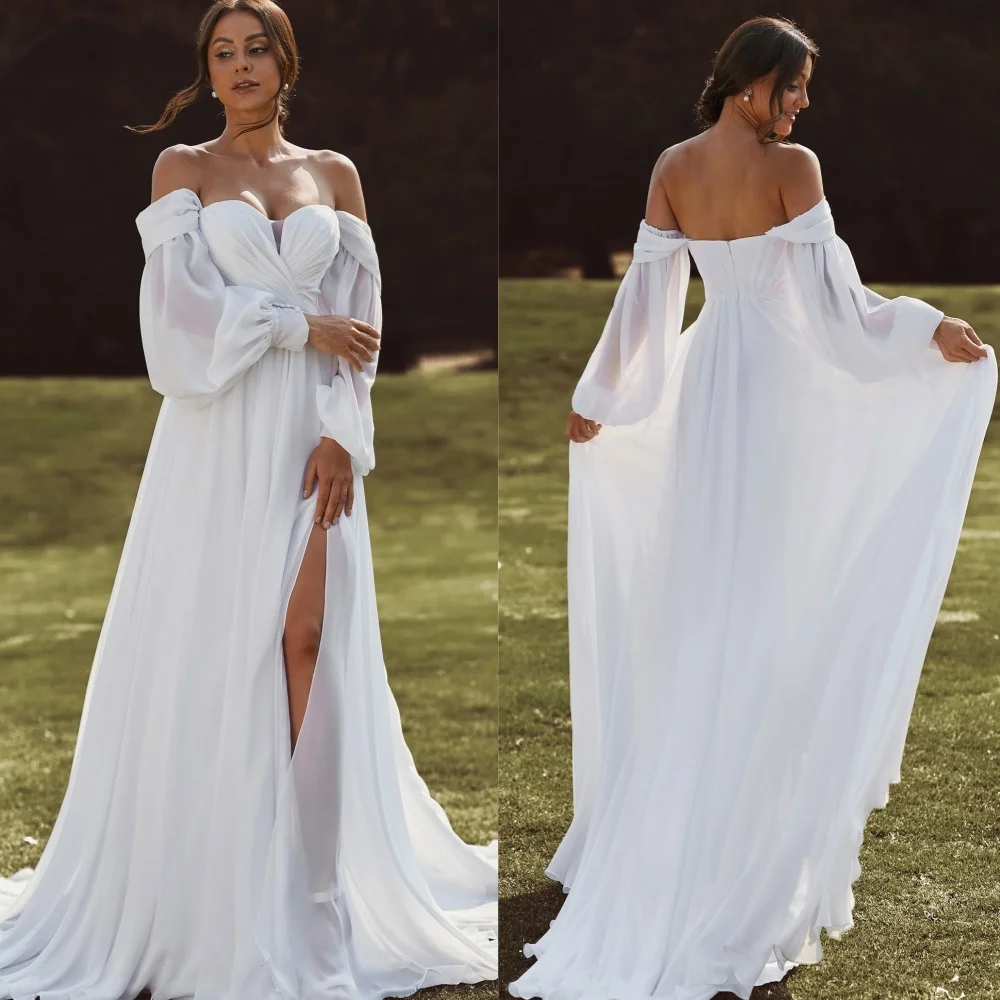 

Customized Modern Style High quality Chiffon Draped Pleat A-line Off-the-shoulder Long Dresses Bespoke Occasion Dresses Matching
