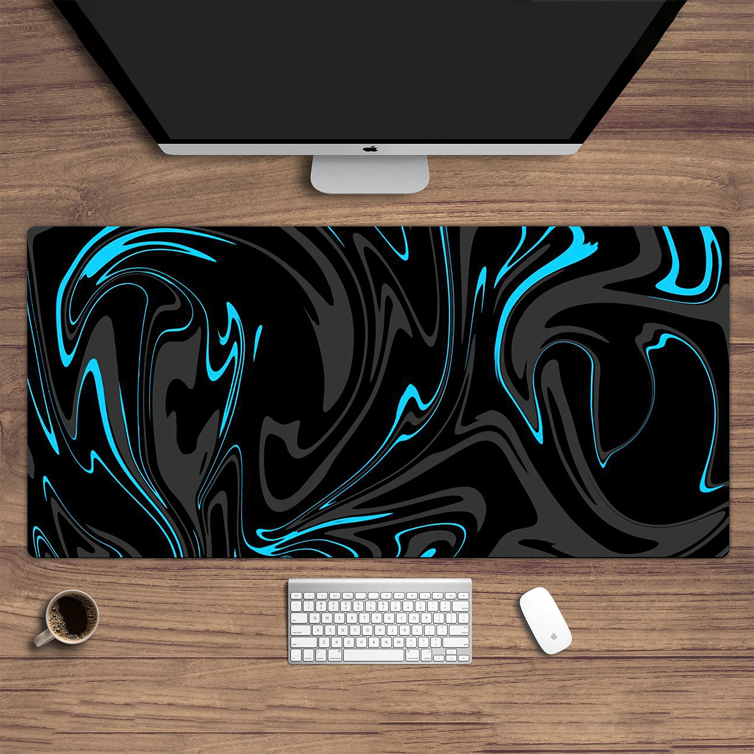 Extra Large Rubber Mouse Pad Blue and Black Marble Swirl Texture Abstract Orange Liquid Marble Art Laptop Desk Mat