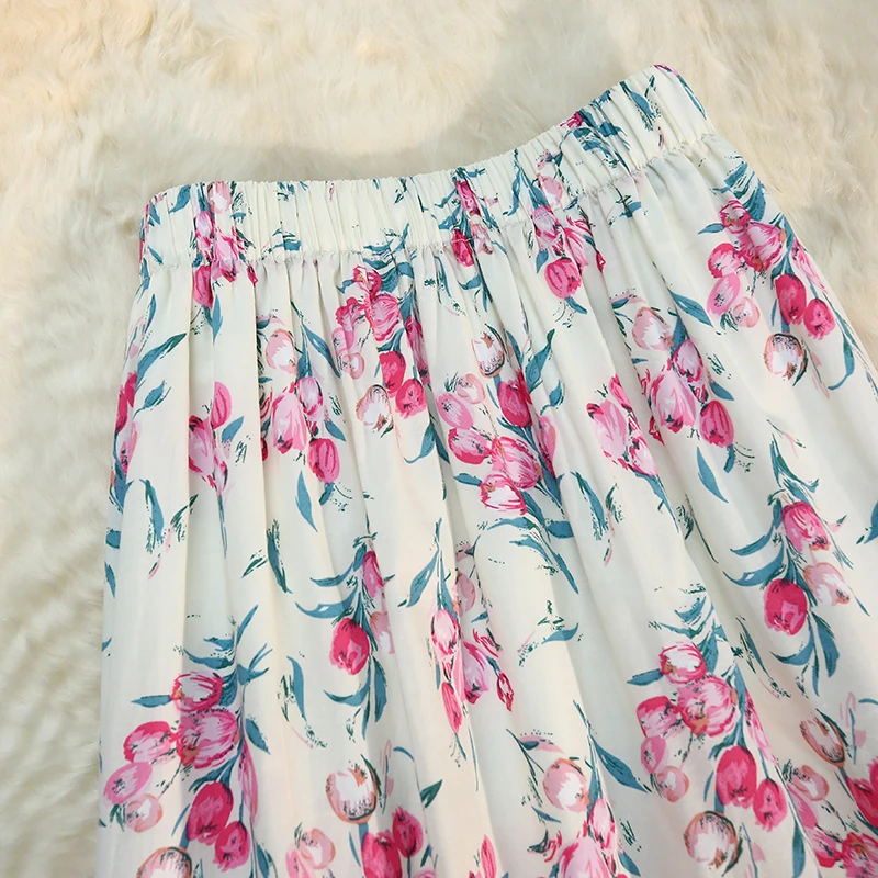 Seoulish-Saia Floral Francesa de Pintura a Óleo Feminina, Cintura Alta, Elegante, Estampada, Casual, Midi, Linha A, Feminina, Novo, 2024