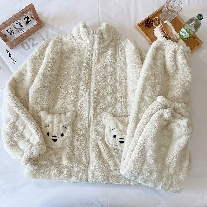 2023 New Coral Velvet Pajamas Women Warm Thick Loungewear Autumn Winter Plush Sleepwear Cartoon Zipper Style Flannel Homewear