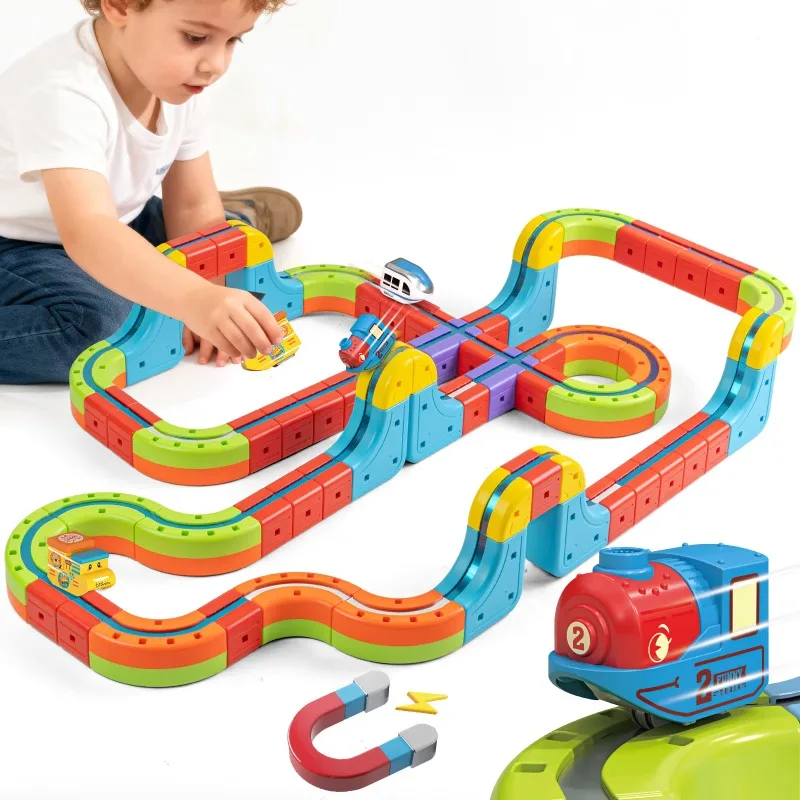 Magic Electronic Train Rail Cube Toys for Kids DIY Assembly Railway Track Car Building Block Set Educational Toy Christmas Gifts