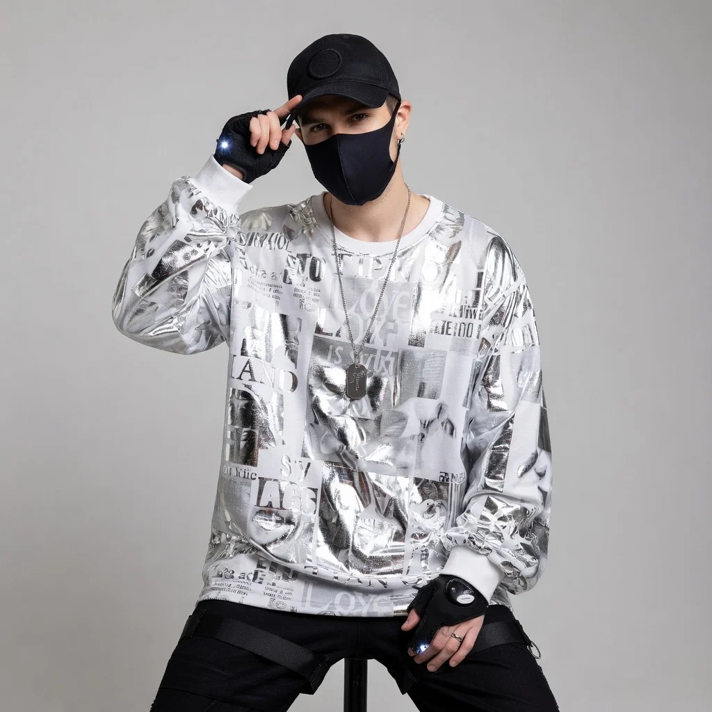 Camisetas Masculinas Oversized Brilhantes de Hip Hop com Estampa Dourada para Dança em Night Club, Hoodies de Manga Longa, Tops Harajuku, Streetwear