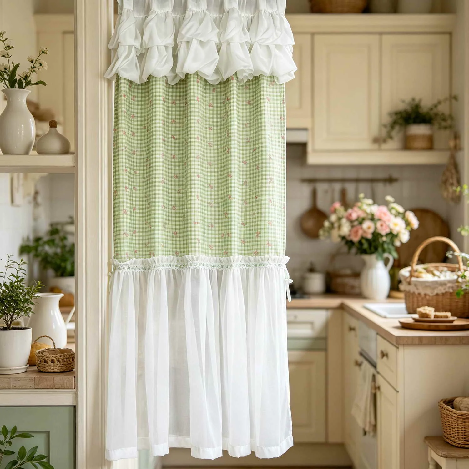 Vintage Fresh Green Gingham Ruffled Lace Skirt Tier Curtain, Ruffled Lace Valance for Kitchen,Bedroom,Door Window