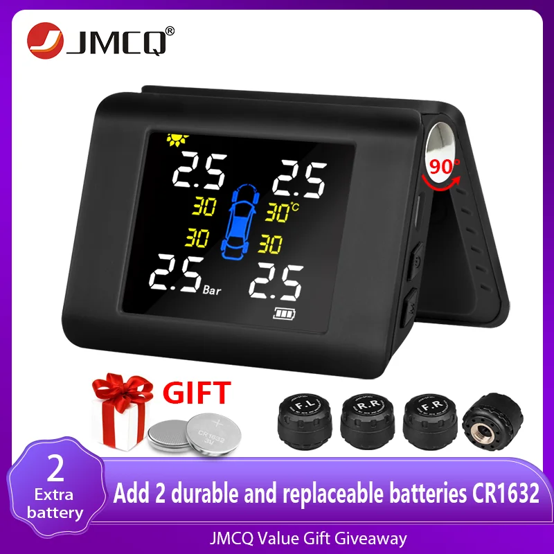 JMCQ Wireless Car TPMS Pressure Monitoring Intelligent System Big LED Display Solar Power with 4 Built-in or External Sensor