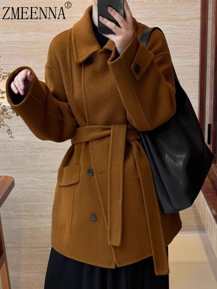 

ZMEENNA Women's Short Coat Double Breasted Jacket With Notch Lapels Belted Brown Winter Outerwear Patch Pockets ZM3617