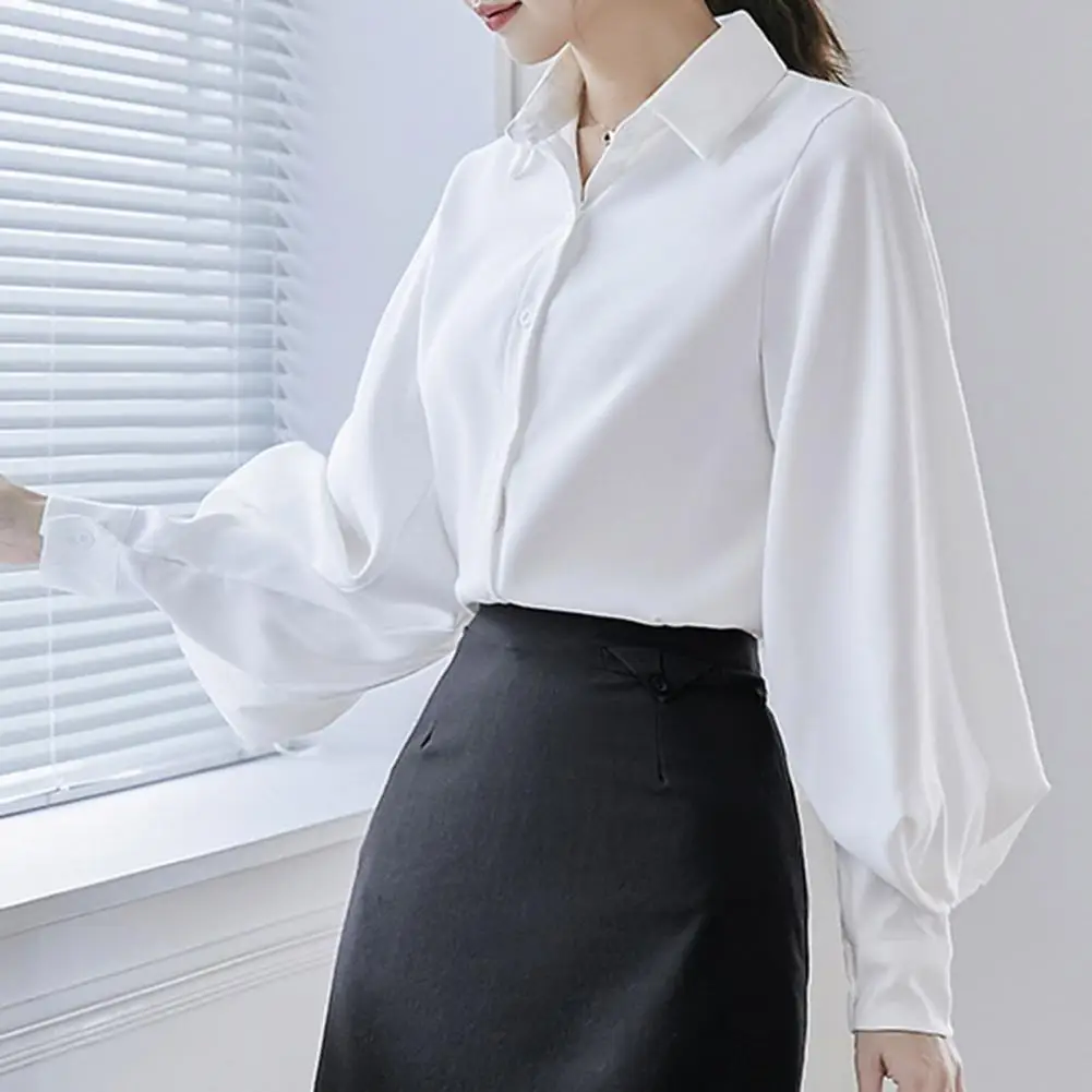 

Casual Daily Tops Lantern Sleeve Lapel Collar Women's Shirt Solid Color Loose Fit Work Casual Top for Daily Wear Women Shirt