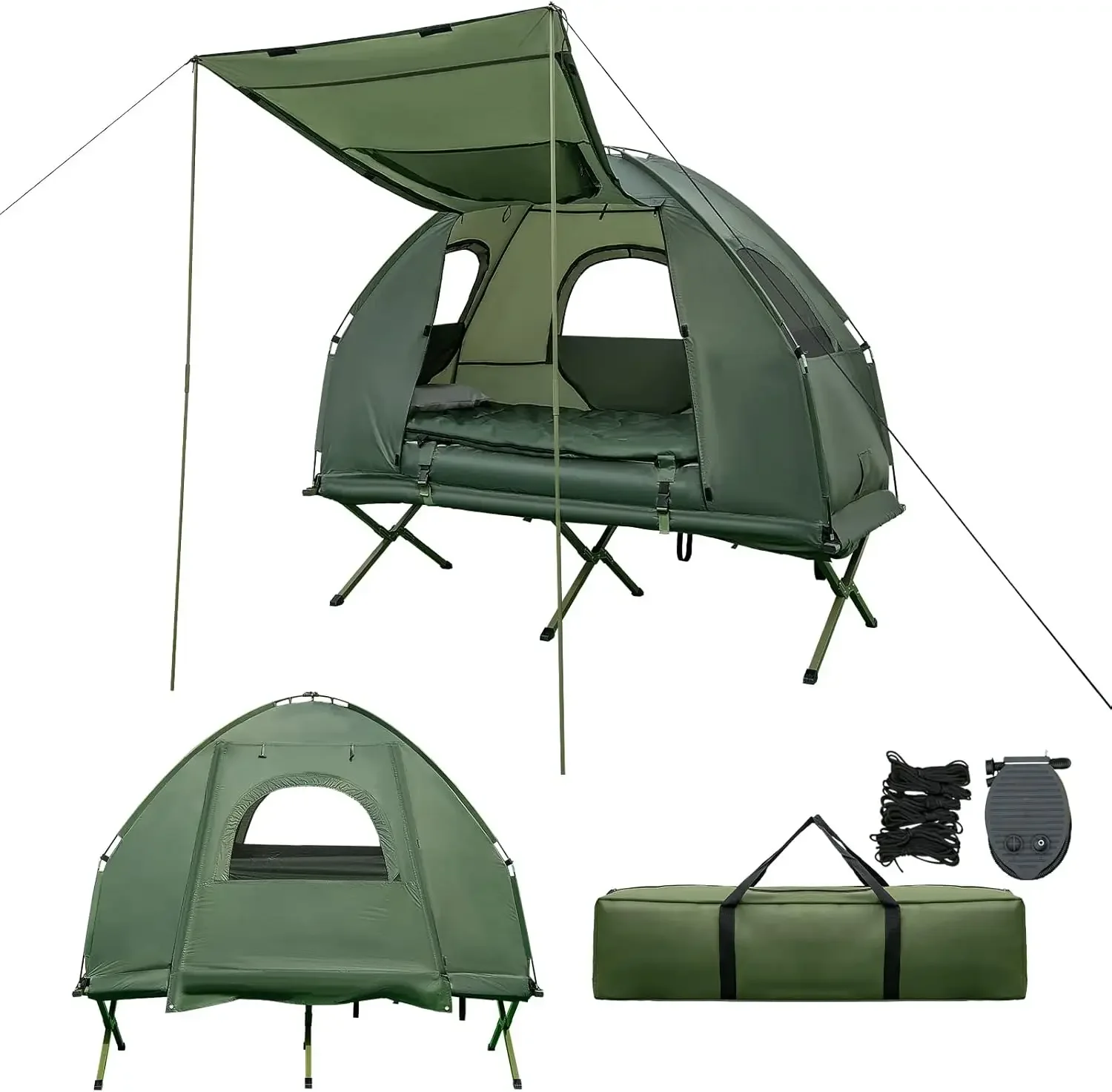 # for Camping Tent Cot, 5 in 1 Off Ground Elevated Tent with Air Mattress, Sleeping Bag & Pillow, Folding Camping Cot Combo