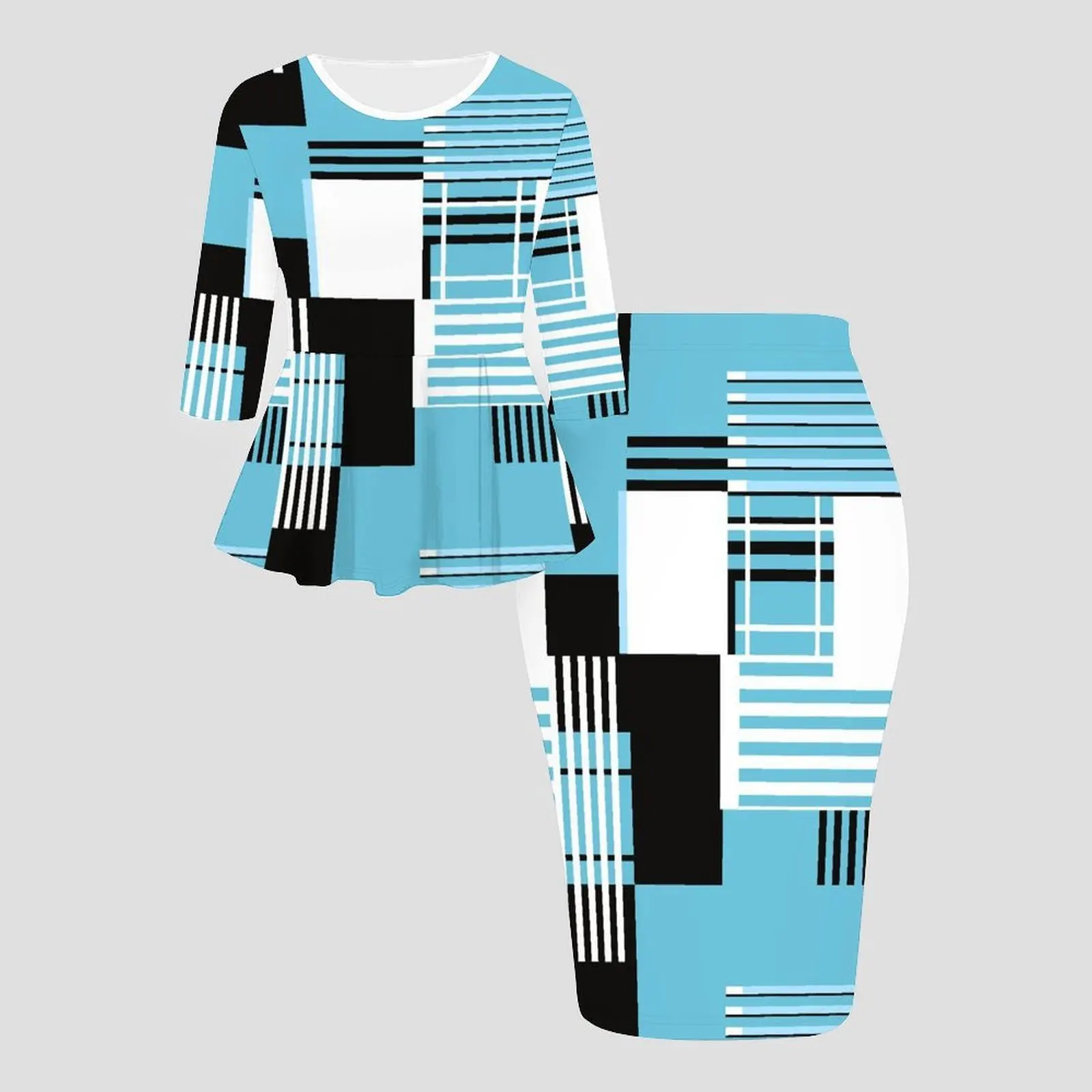 Retro Elegant Printed Party Two-piece Set Autumn and Winter Crew Neck Three-quarter Sleeve  Ladies Tight-fittingknee-lengthskirt