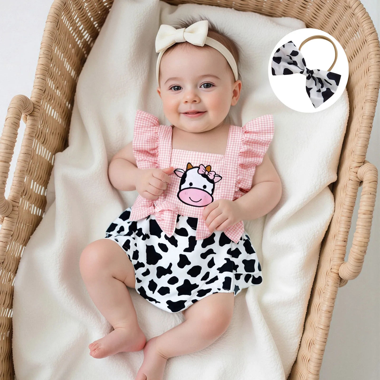 

Summer Infant Baby Clothing Girl Rompers Cow Embroidery Plaid Ruffles Fly Sleeve Jumpsuits with Headband Newborn Clothes