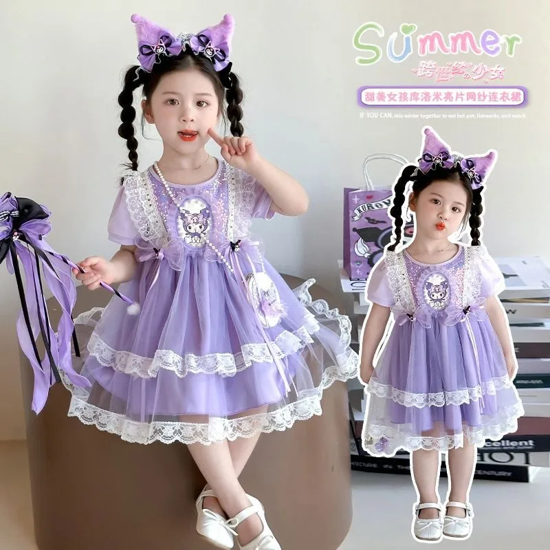 

Girly Heart Kuromi Anime Kawaii Sanrio Ins Casual Princess Short Sleeve Skirt Summer Dress 2025 New Fashion Skirt Clothes Gifts