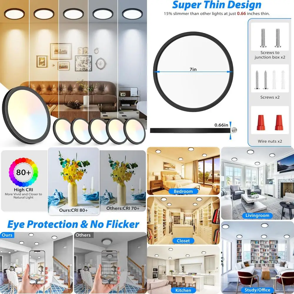 

Набор из 6 светодиодных потолочных светильников 15 Вт, 1500 лм, регулируемая цветовая температура 3000K-6500K, подходят для кухни, ванной комнаты и спальни