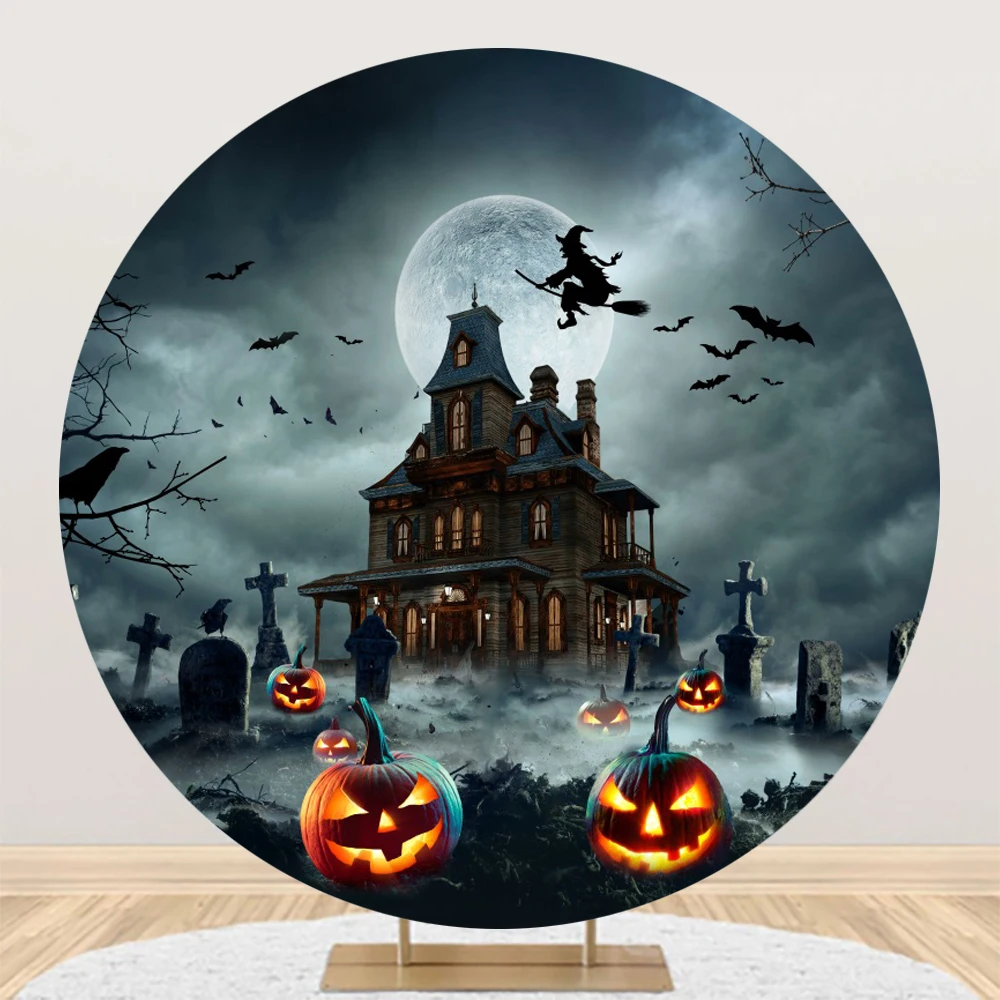 Happy Halloween Round Backdrop Cover Full Moon Night Horror Forest Castle Pumpkin Halloween Party Decor Photography Background