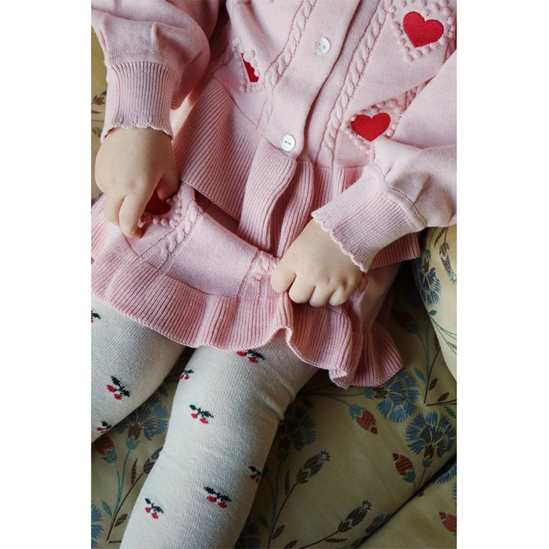 A/W 2024 New Knitted Sweater Dress Set Kids Cherry Embroidered Sweater Pants Set Girs Cute Solid Color Dress