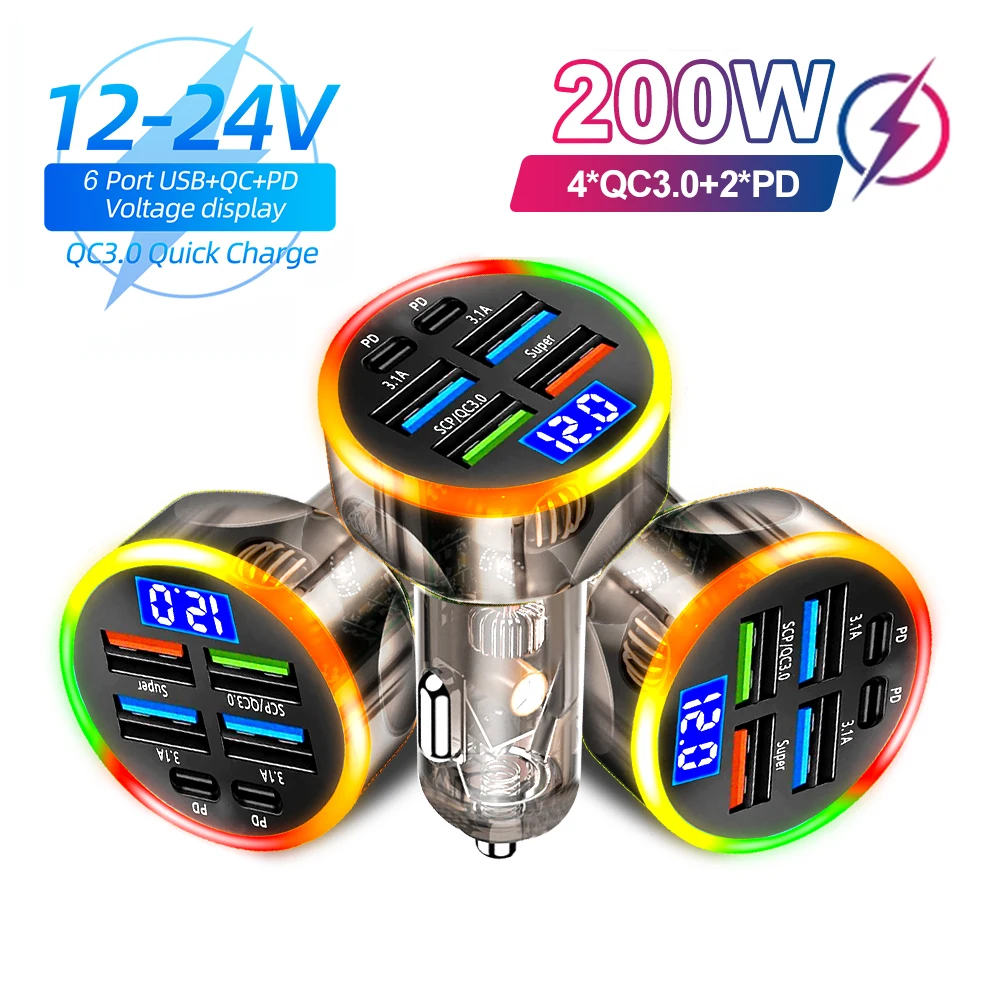 200 W Auto-Ladegerät, superschnelles Laden, Multi-Port-Autotelefon-Ladegerät mit Digitalanzeige für iPhone 15 14 13 12 Xiaomi Samsung