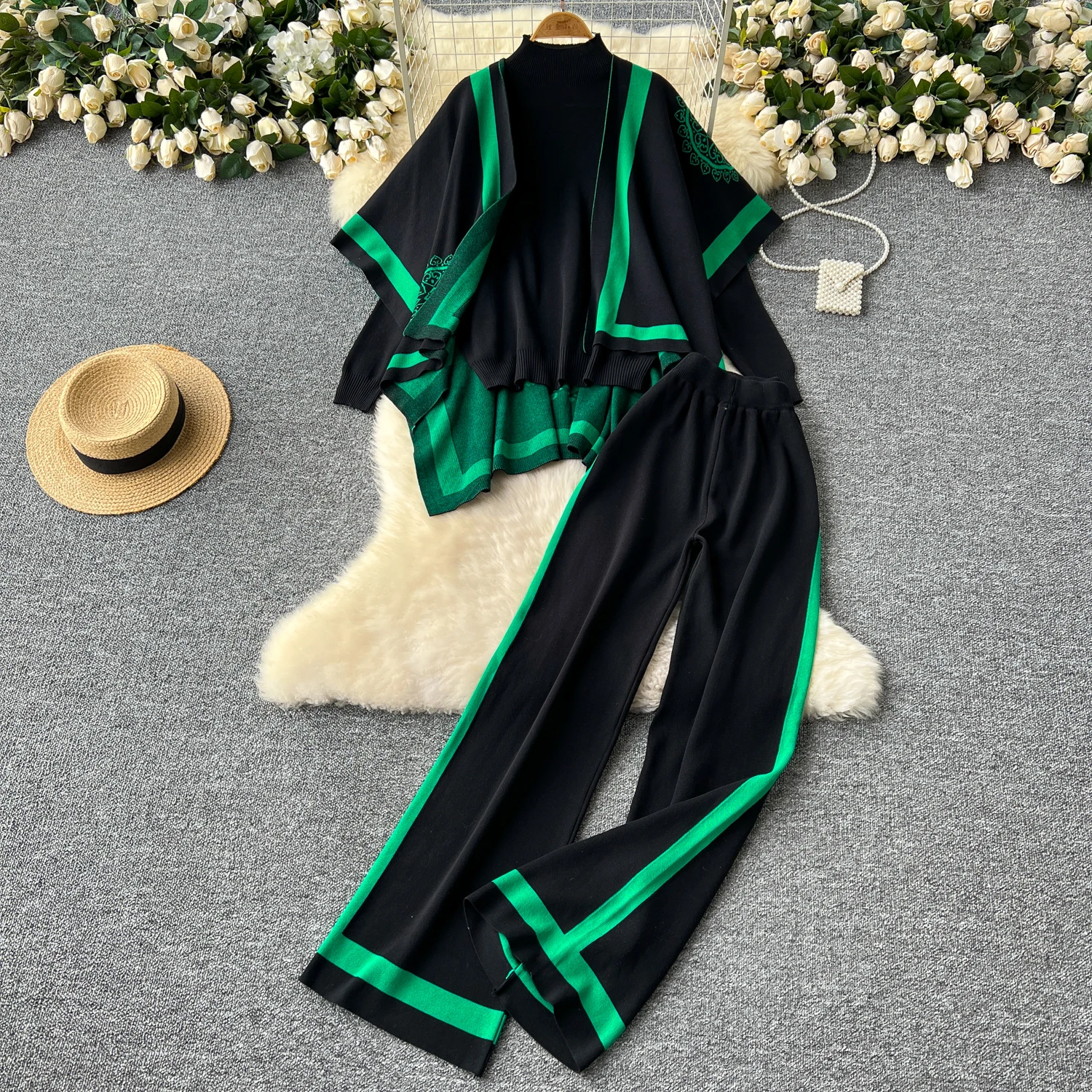 Sexy basics Half high collar PATCHWORK knit Two Pieces Sets crop Top with High Waist pants Casual Beach Vacation Sets