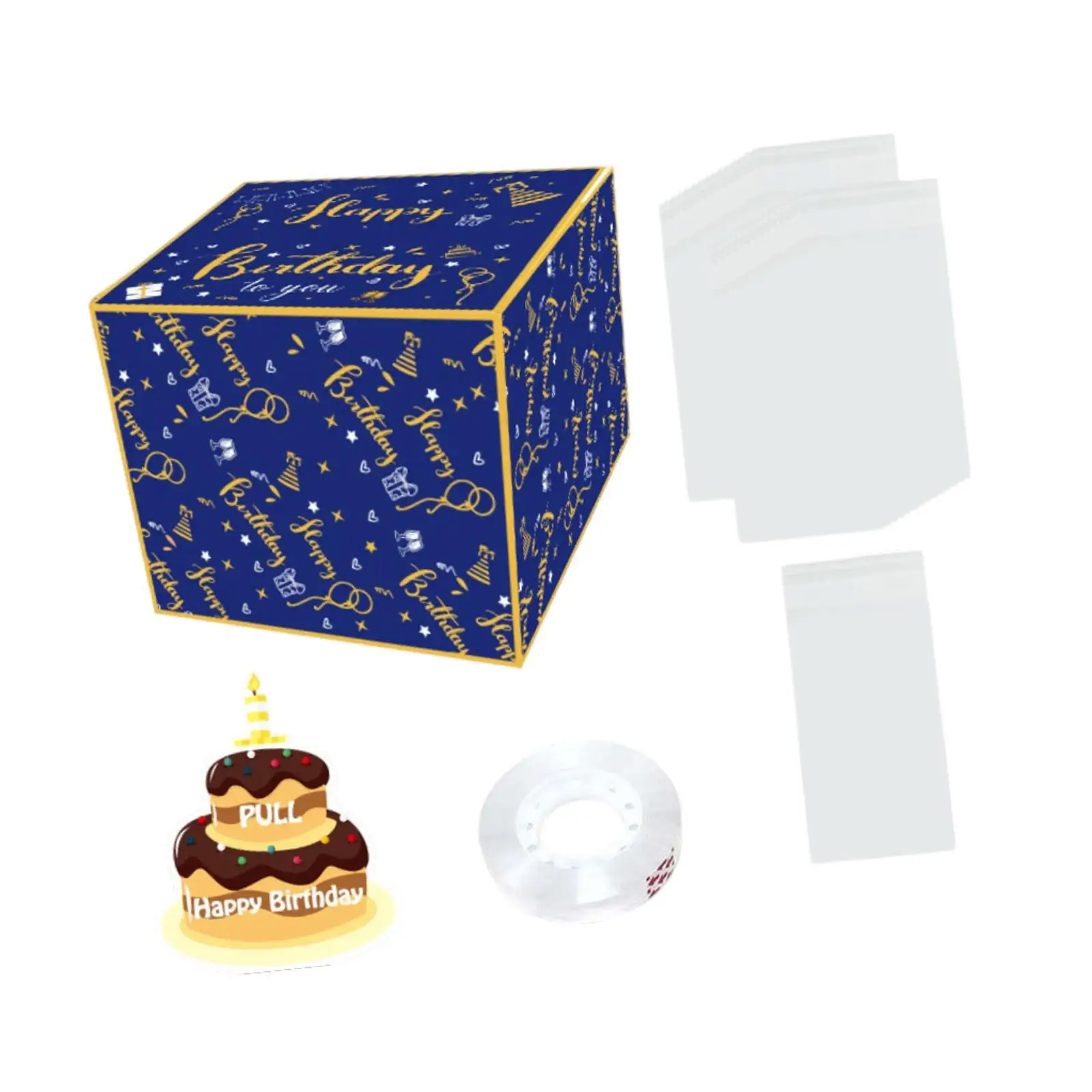 Sturdy Paper Birthday Pull Money Box Square Gift Holder Set Transparent Bag for New Year Event Occasion