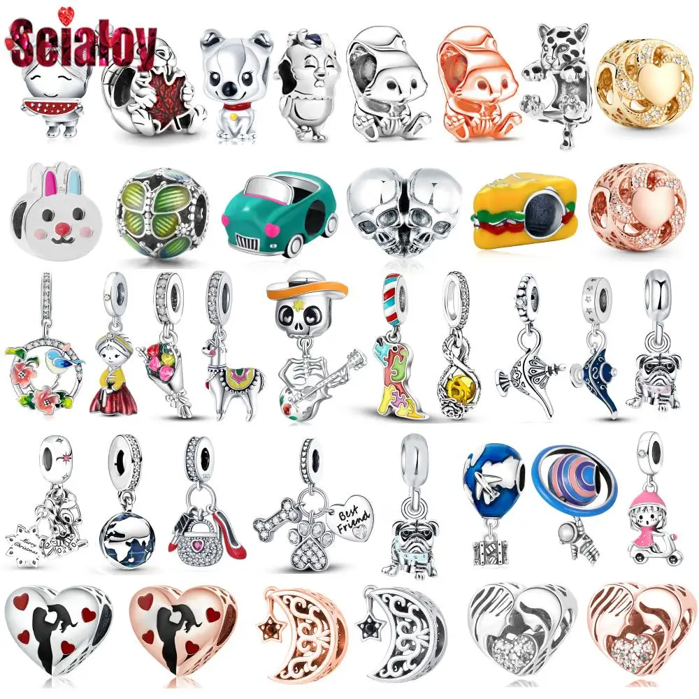 Seialoy 2pcs/lot Cartoon Animal Squirrel Beads Bouquet Charm Fit DIY Skull Dog Beaded Bracelet Silver Color Accessory Gift