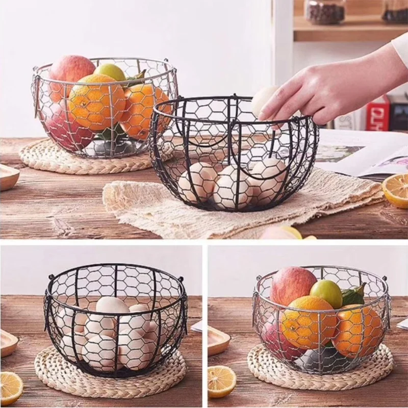 سلة البيض، سلة الفاكهة، سلة متنوعة، رف تخزين المطبخ، تخزين إبداعي، سلة حديدية منسوجة، سلة تخزين من الحديد المطاوع