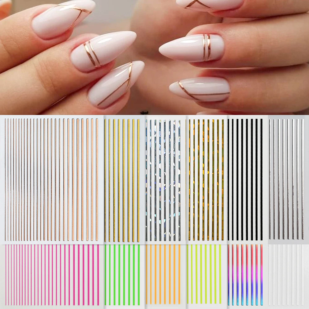 12/9/8/6/4Pcs 3D Lines Stripe Nail Sticker Gold Silver Laser Metal Lines Decals Adhesive Manicure Slider For Nail Art Decoration