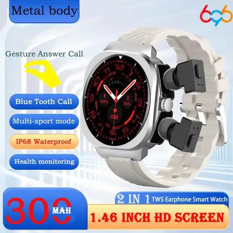 2025 패션 2 in 1 이어폰 스마트워치 메탈 바디 IP68 방수 제스처 컨트롤 스포츠 심박수 헤드셋 헬스 스마트워치