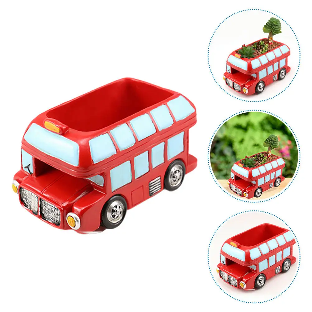 

Resin Double-Deck Bus Flowerpot Ornament for Succulents Desktop Home Decor Exquisite Cartoon Plant Pot Indoor Gardening