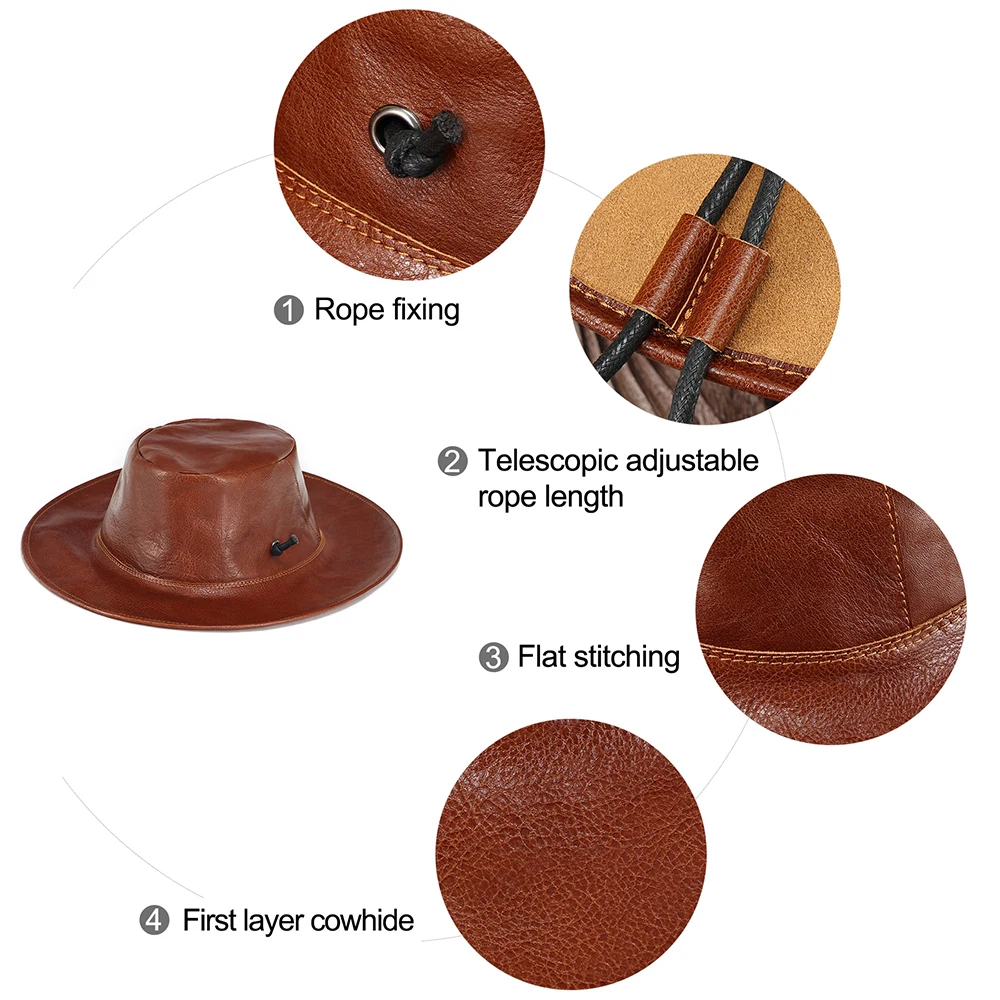 JOYIR Genuine Cow Leather Western Cowboy Hat Solid Leather Country Hat Classic Jazz  Felt Hats Retro Knight Hats For Men