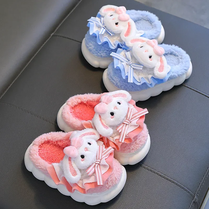 Winter Cotton Girls Slippers Cartoon Cute Rabbit Non-slip Home Slipper Shoes for Girl Plush Warm Indoor Kids House Slippers