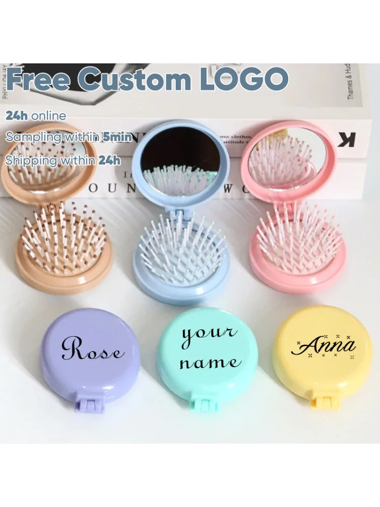 Peigne pliant de couleur unie avec miroir de maquillage, personnalisable avec logo, portable, petit peigne de massage, brosse à cheveux à coussin d'air pour fille