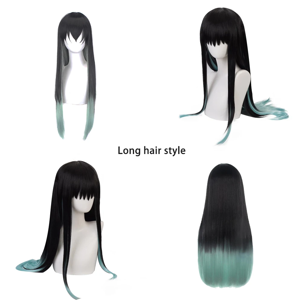 Anime Muichiro Tokito Cosplay Synthetic Hair 30-Inch Straight Hair Black And Green Gradient Heat-Resistant Wig With A Ponytail
