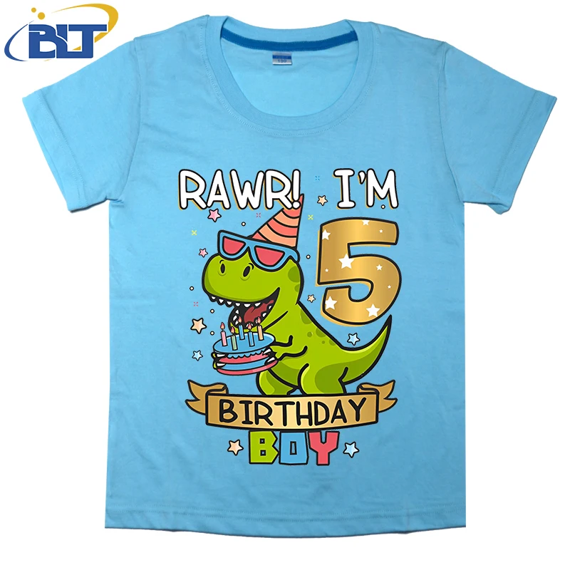 5th ulang tahun anak laki-laki dinosaurus kekasih lucu kue dicetak T-shirt anak musim panas katun lengan pendek kasual atasan untuk anak laki-laki dan perempuan