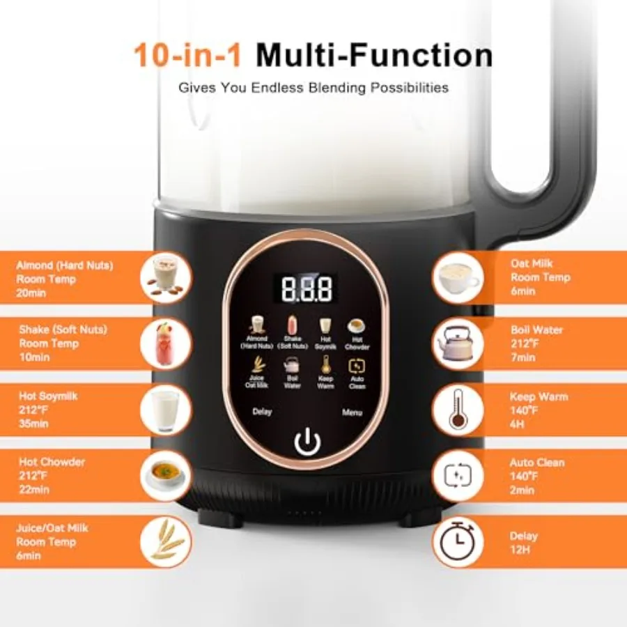 ماكينة صنع حليب الجوز 50 أونصة 10 في 1 ماكينة صنع الحليب الأوتوماتيكية على أساس نباتيًا لعصير الشوفان وجوز الهند وحليب الصويا مع 20 بل