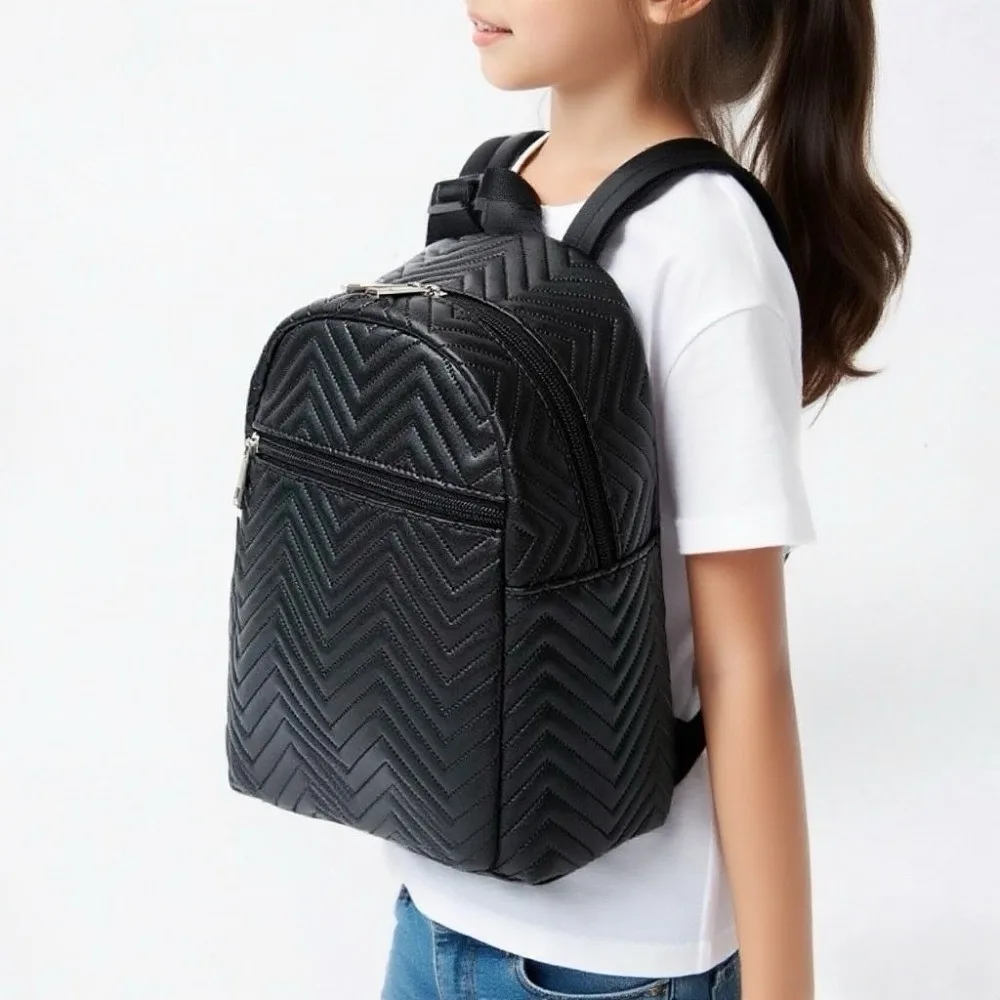 

Simple Korean Style Triangular Stripes Backpack Square Solid Color PU Leather Bag Zipper Elegant Kids Mini Bag Students