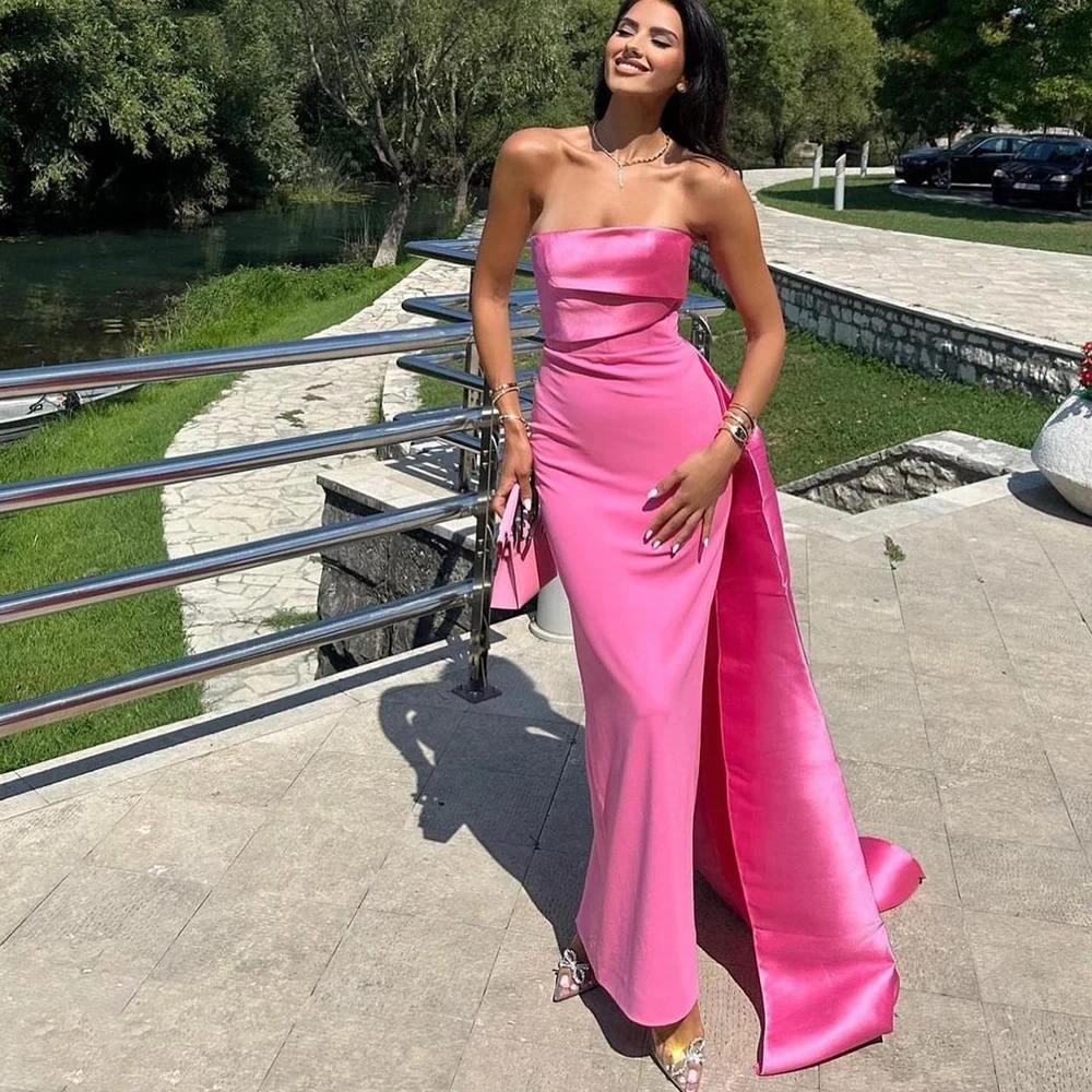 

Hot Pink Mermaid Strapless Evening Dresses Sleeveless Saudi Arabic Prom Gown Satin Long Formal Occasion Dress Robes De Soirée