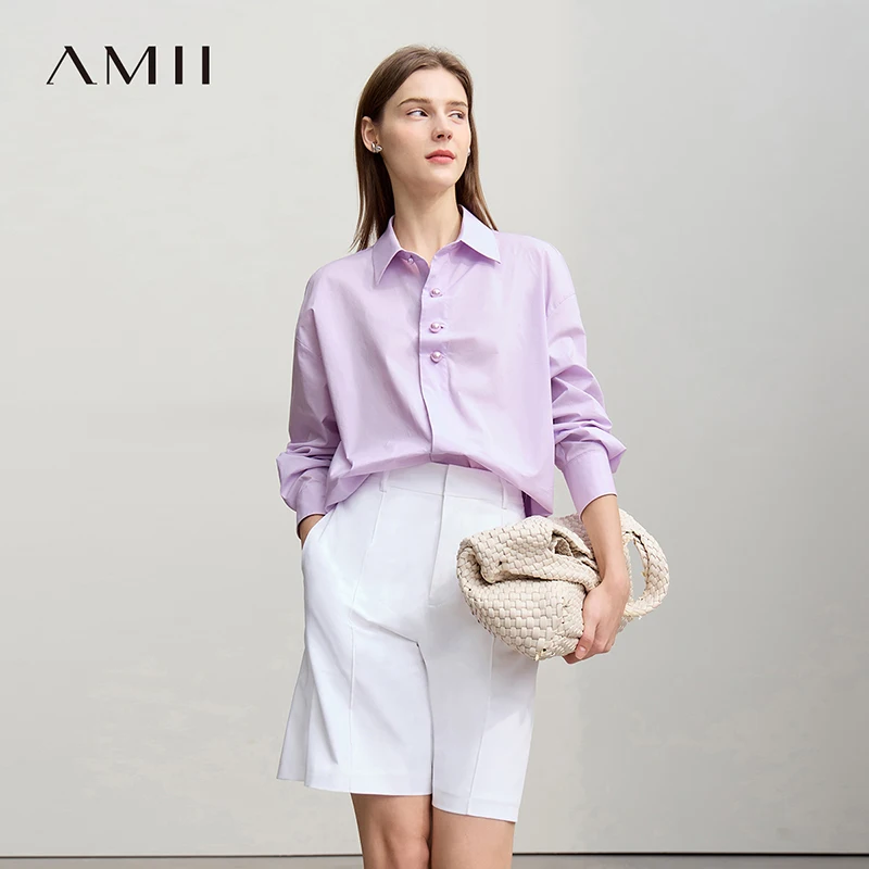

Amii Women's Shirt 2026 Spring New Loose Medium And Long Solid Color Shirt For Woman Loose Cotton Long-sleeved Top 12611003