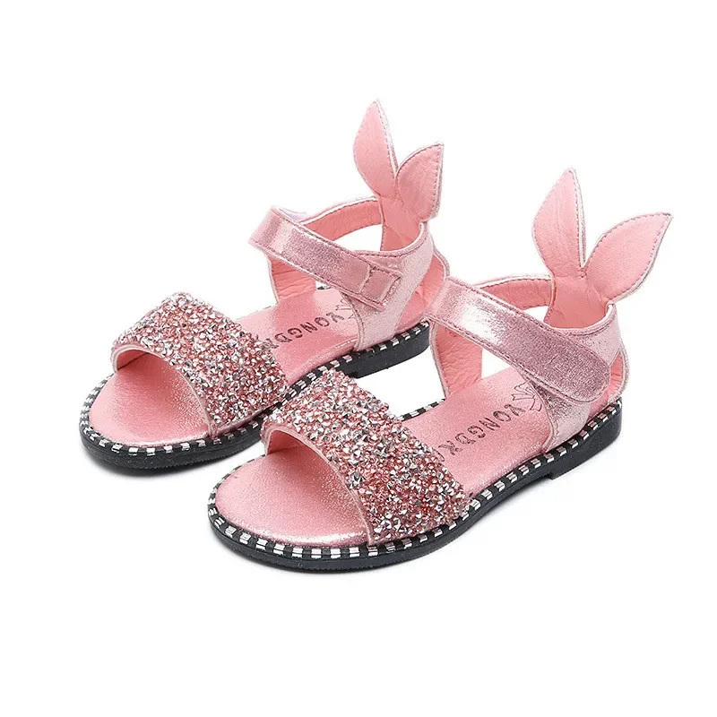 JGSHOWKITO 2024 Hot Sale Baby Girl Sandals Fashion Bling Shiny Rhinestone Girls Shoes With Rabbit Ear Kids Flat Sandals 13-22CM