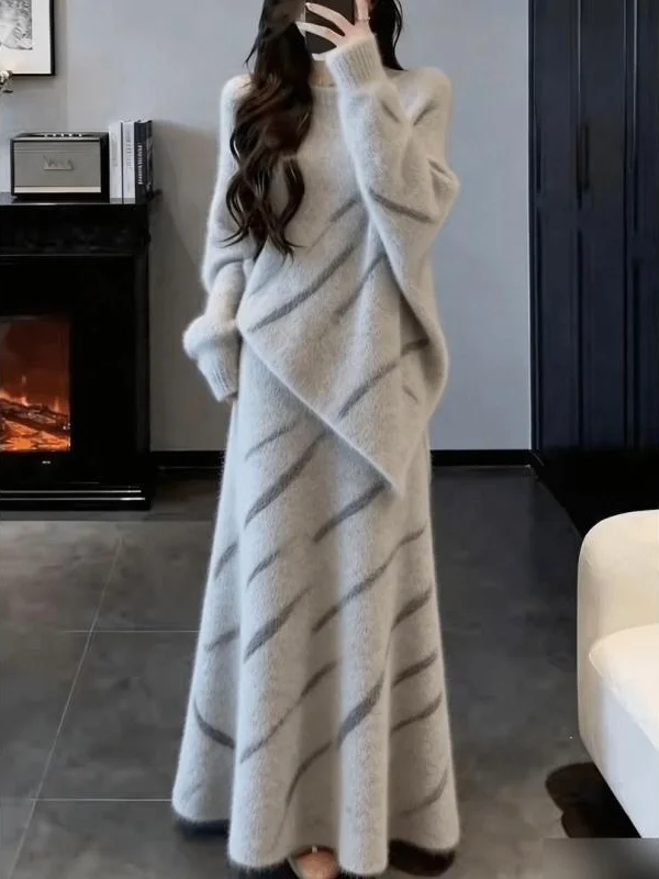 

Loose Comfortable Women's Set Spring New Sle Slimming f-length Skirt Trendy Casual Knitwear Long Sve High Waist