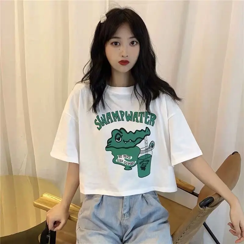 Sommer 2025, schmale Passform, S Sve-T-Shirt für Damen, Cartoon-Druck, reine Farbe, koreanisches Sle, vielseitiges, rundes, hautlanges Oberteil