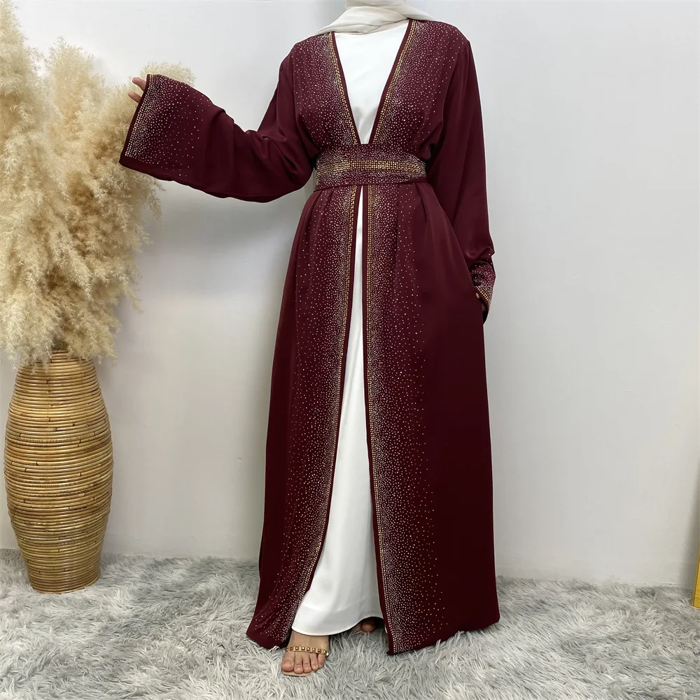 Ramadan Muslim Open Abaya for Women Lace-up Cardigan Dress with Pocket Dubai Long Dress Turkey Islamic Kaftan Femme Musulman