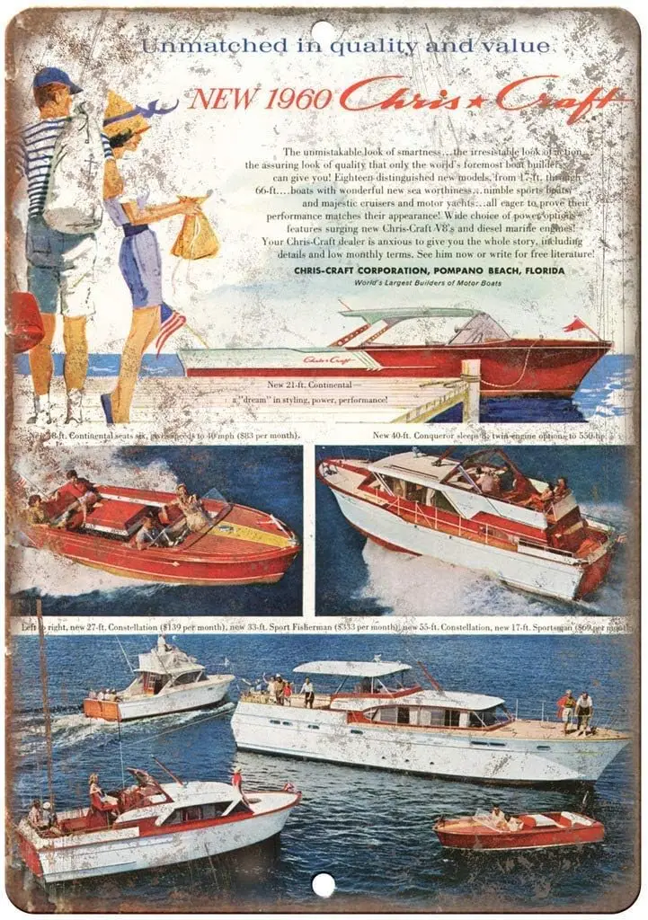 Retro Metal Tin Sign Vintage 1960 Chris Craft Boat Art Aluminum Sign for Home Coffee Wall Decor 8x12 Inch sign