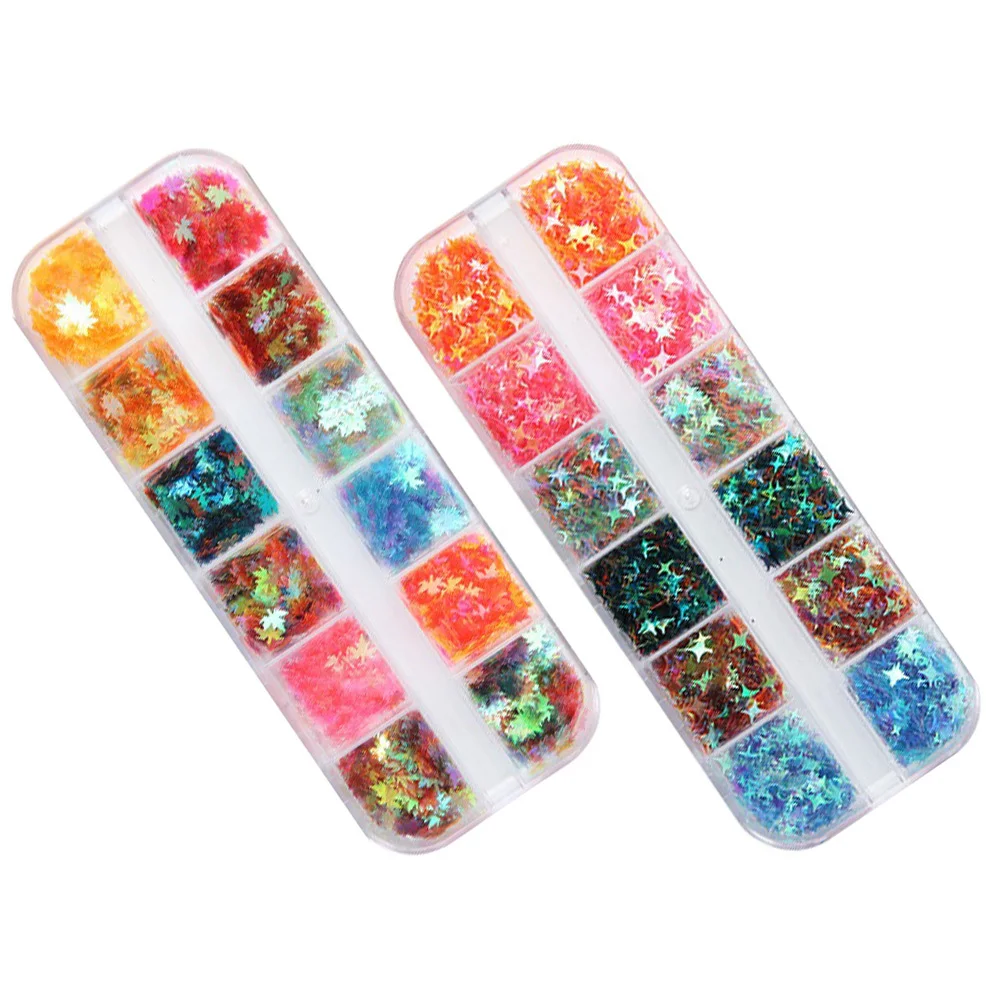 2 ボックスグリッターネイルパイレットメープルリーフデザインプロの初心者向けマニキュア装飾ジュエリーカードミラー DIY アクセサリー