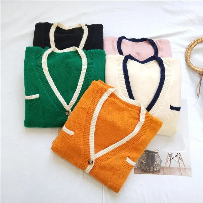 Fashion Solid Colors V-Neck Knitted Sweater Women Chic Single Breasted Loose Casual Cardigan French Style Autumn Warm Sweaters