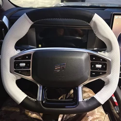 for Chery Jetour T2 Traveller 2023 2024 2025 Hand-stitched non-slip black white genuine leather car steering wheel cover