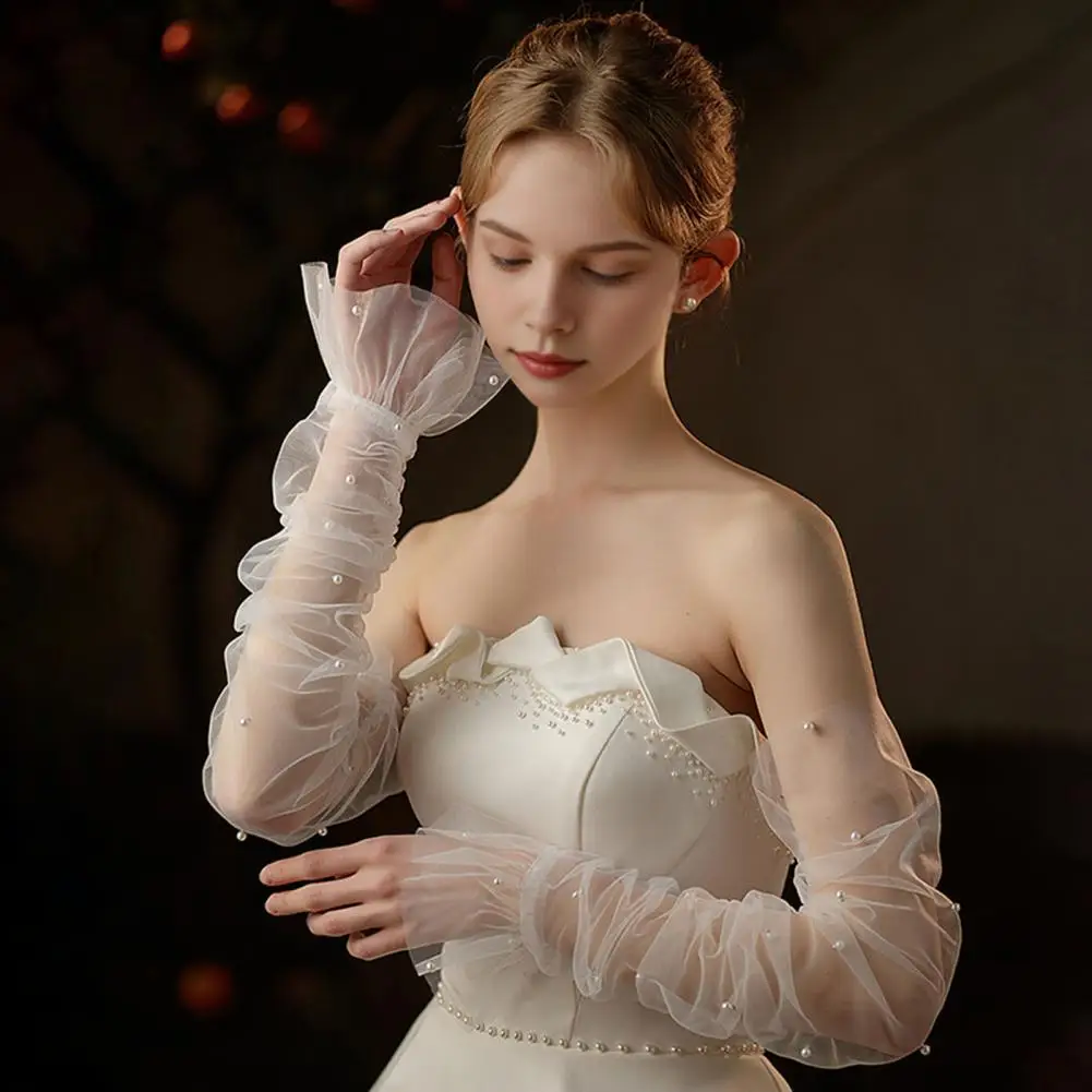Свадебные перчатки Элегантные кружевные нарукавники с декором из искусственного жемчуга и складками с рюшами для выпускного вечера, свадебных выступлений, сетчатые свадебные перчатки
