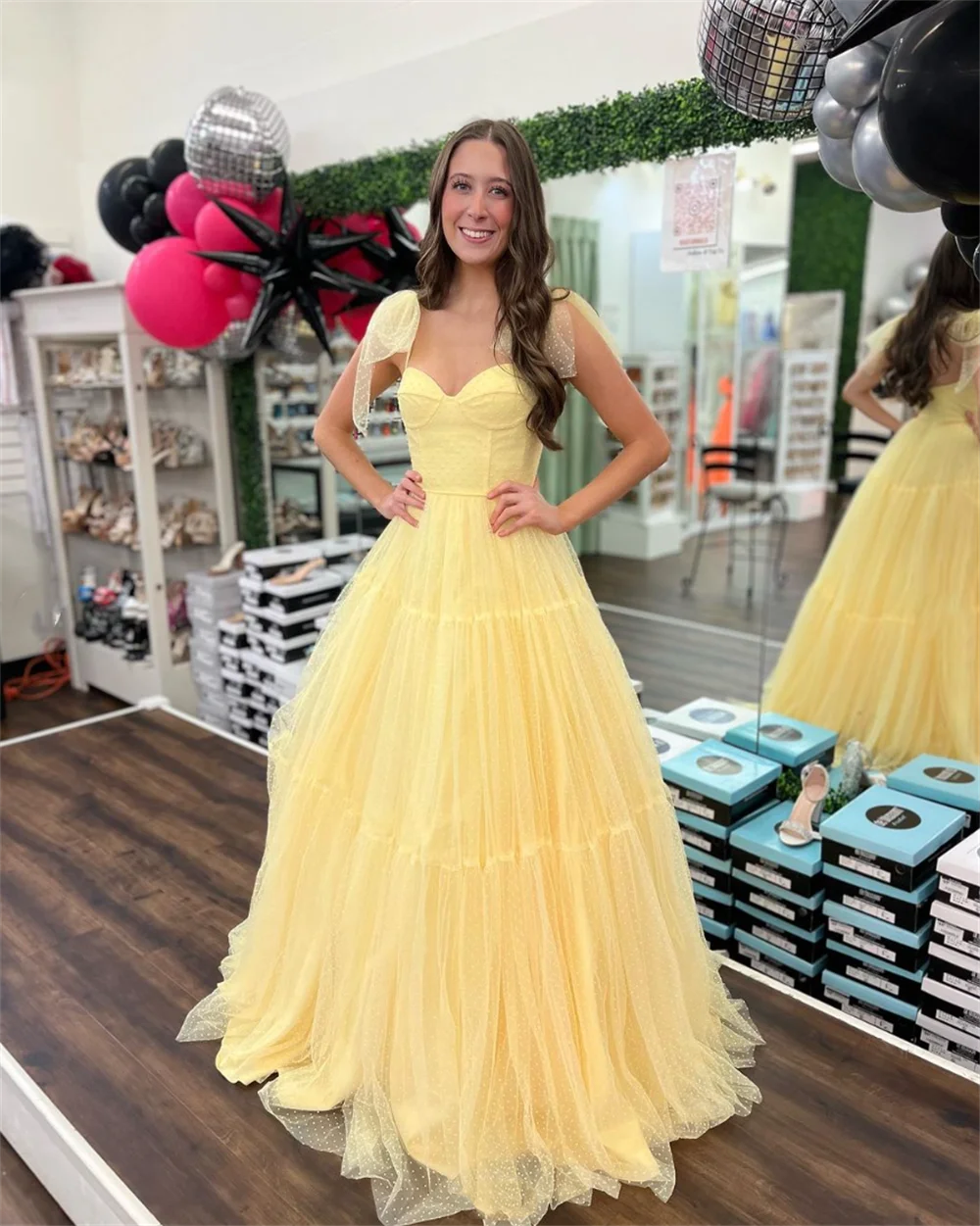 Jessica Sweet Polka Dot Tulle Prom Dresses Yellow Graduation Evening Dresses Formal Occasions Party Dresses 2024 Wedding Dress