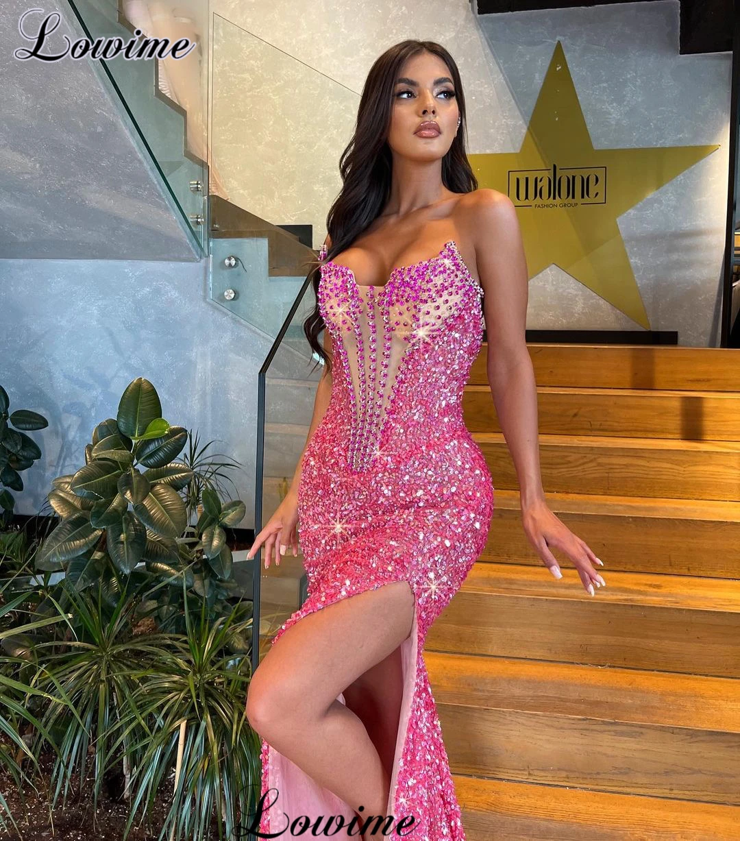 Pink Sparkly Sequined Cocktail Dresses With Side Slit Sweetheart Crystals Sexy Prom Dresses Mermaid Vestidos De Cóctel Party