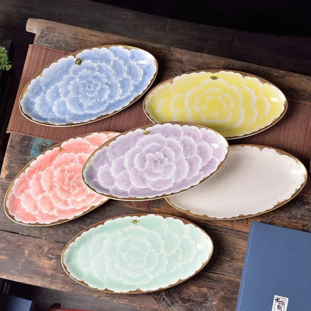 

Mountain Kiln Hand-Painted Ceramic Golden Trim Oval Disk Double-Pointed Plate Disc Wenshan Heart-Shaped Wenshan Square Plate